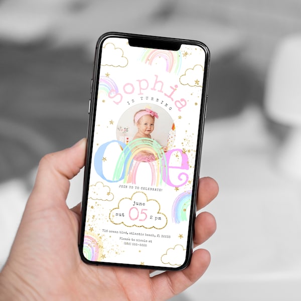 Rainbow First Birthday Electronic Invitation with Photo 1st Rainbow Birthday Girls Digital IPhone Evite Kids Party Message Sms Text Invite