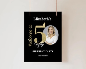 Signo de bienvenida del 50 cumpleaños Oro negro Decoración de la fiesta Decoración de la fiesta Banner de bienvenida editable Aniversario del adulto Cartel de fiesta de cumpleaños negro y dorado