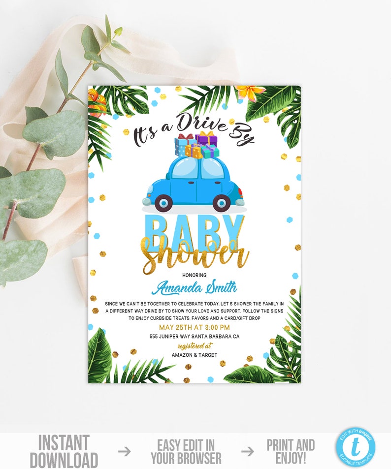 Tropical Drive by Baby Shower Invitation for Boy Quarantine Etsy