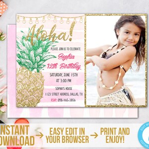 Pineapple Invitation with Photo Aloha Birthday Invitation Template Printable Tropical Party Invite Luau Invitation Hawaiian Download
