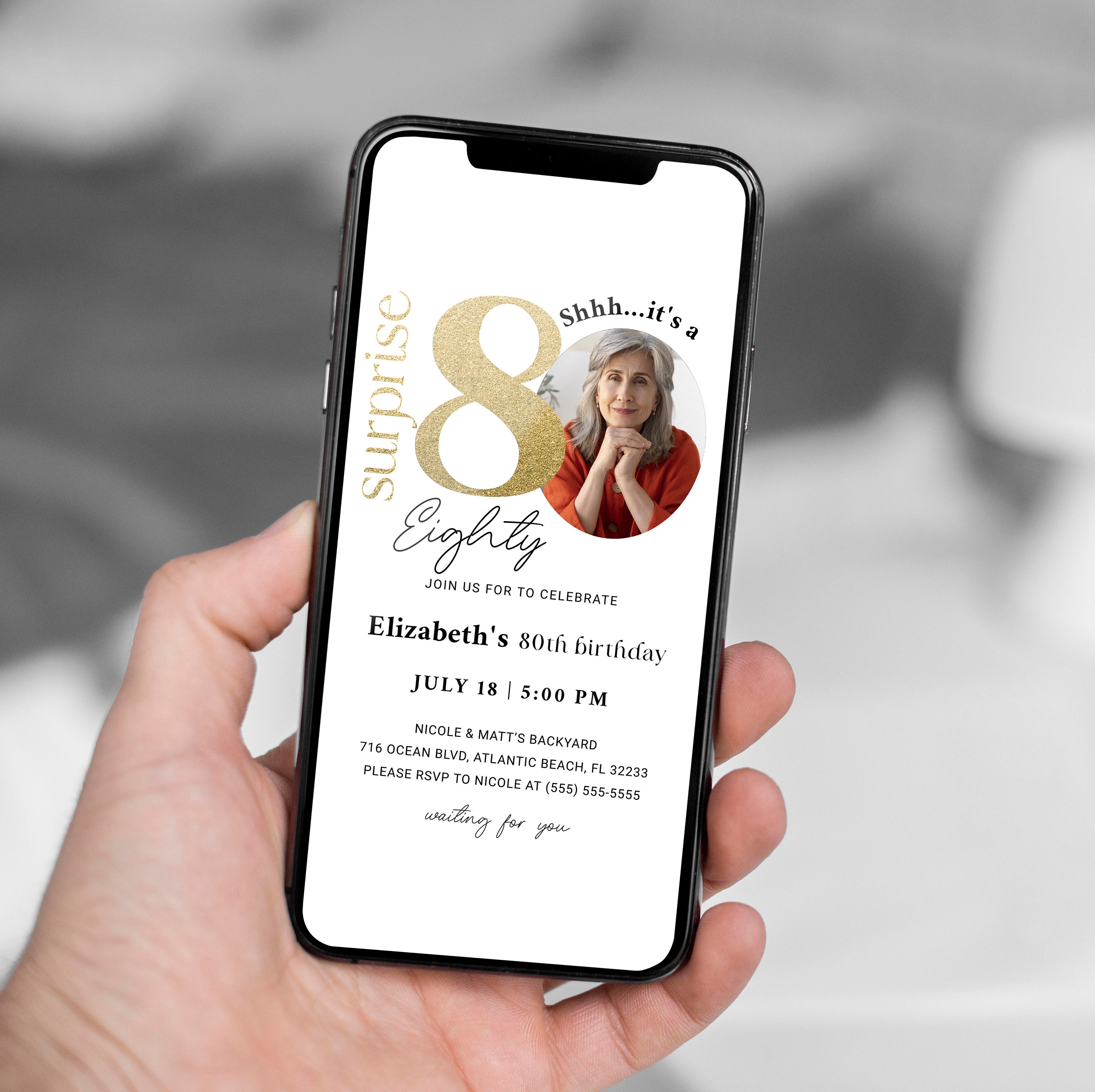 Surprise 80th Birthday Electronic Invitation with Photo Digital 80th Anniversary Neutral Template Surprise Eighty Years Party Phone Evite
