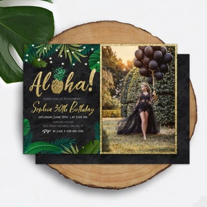 Aloha Invitation with Photo Gold Tropical Party Invitation Download Hawaiian 30th Birthday Invitation Printable Luau Invitation BGT