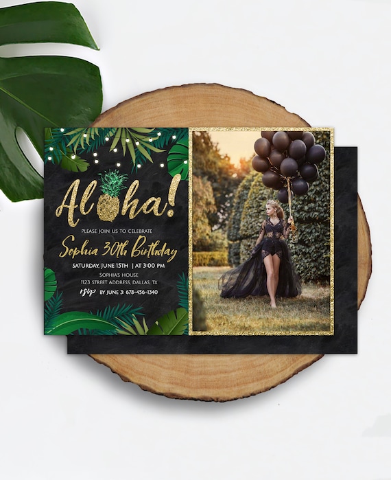 Aloha Invitation with Photo Gold Tropical Party Invitation Download Hawaiian 30th Birthday Invitation Printable Luau Invitation BGT Il_570xn