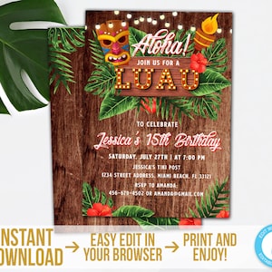 Luau Birthday Invitation Download Tiki Party Invitation Aloha Invitation Template Printable Tropical Party Invite Hawaiian Invitation