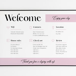 Szablon do wydruku znaku powitalnego Airbnb Instrukcja wymeldowania z wynajmu Airbnb Plakat przyjazdu gości Hasło Wi-Fi Edytowalne Natychmiastowe pobranie