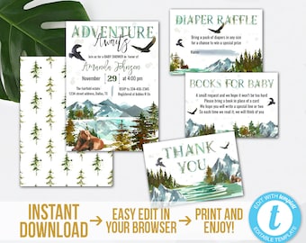 Adventure Baby Shower Invitation Kit Printable Adventure Awaits Baby Shower Set Editable Woodland Mountains Invitation Instant Download