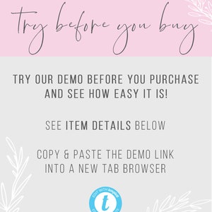 May include: A digital template advertisement with the text "Try before you buy" in a cursive font. The ad encourages users to try a demo before purchasing, with instructions to copy and paste a demo link into a new tab browser.