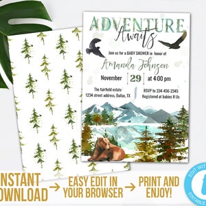 Adventure Awaits Baby Shower Invitation Printable Adventure Baby Shower Invite Editable Woodland Mountains Invitation Instant Download