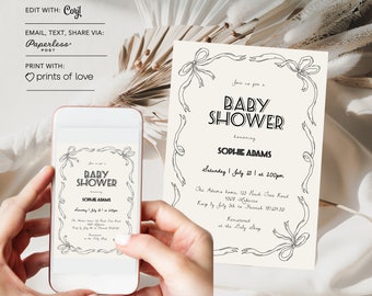 Digital babyshowerinbjudan med rosett, nyckfull babyshowerinbjudan, udda handritad bandbabyshower redigerbar mall, handskriven