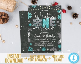 Chalkboard Boy Winter Onederland Invitation Template Silver & Blue Onederland Birthday Invitation Download Winter 1st Birthday Party Invite