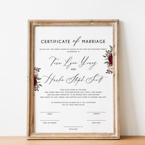 Burgund Heiratsurkunde Vorlage Boho Hochzeitsurkunde Andenken Sofortiger Download Printable Floral Heiratsurkunde WY02