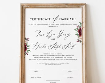 Burgundy Marriage Certificate Template Boho Wedding Certificate Keepsake Instant Download Printable Floral Certificate of Marriage WY02