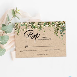 Plantilla de tarjeta Rsvp de vegetación rústica, tarjeta de respuesta imprimible Rsvp de boda botánica, tarjeta Rsvp de boda Kraft, descarga instantánea de luces de cadena