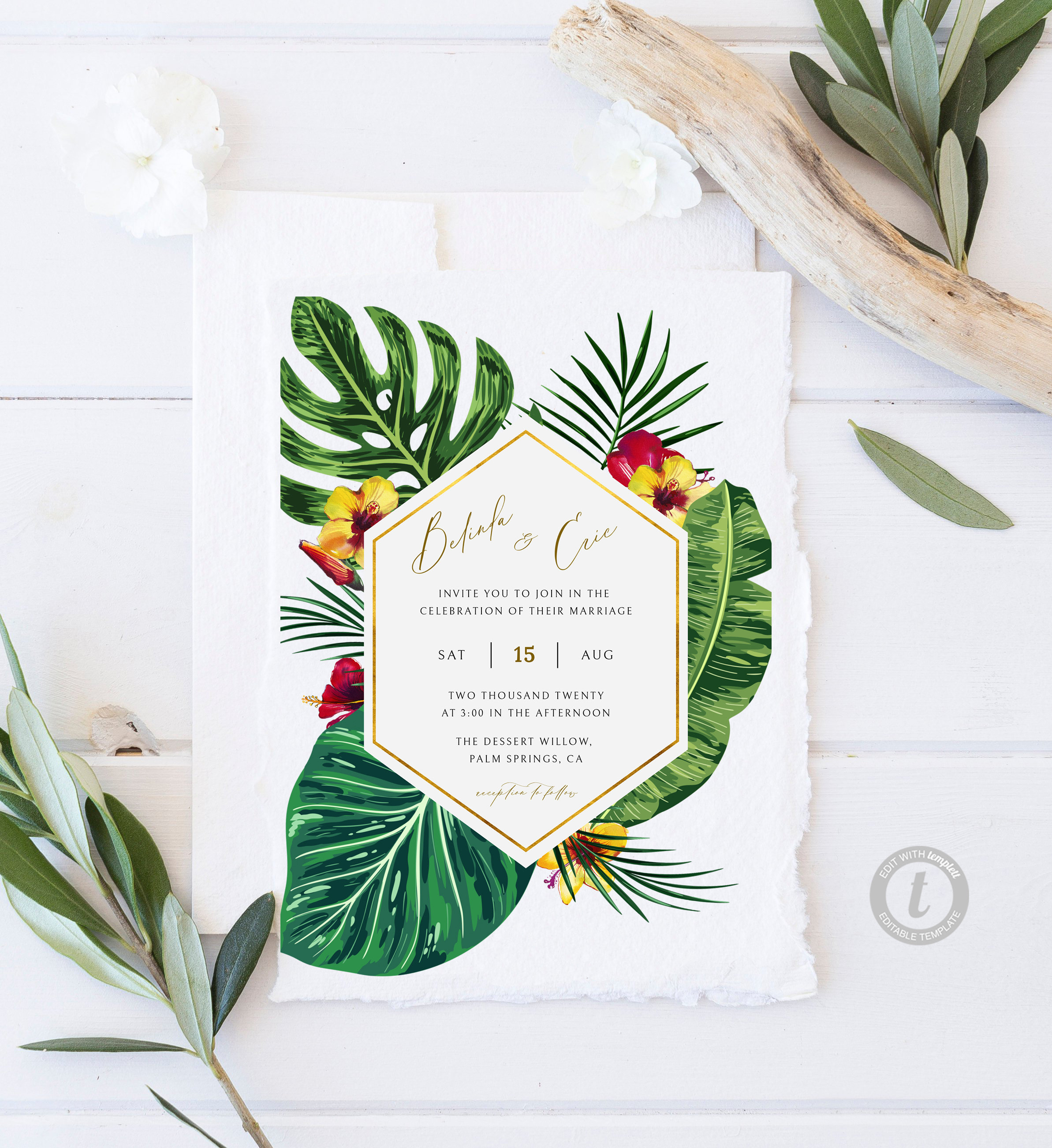 Tropical Wedding Invitation Template Hawaiian Wedding Invitation Instant Download Printable Beach Destination Wedding Invitation WY05