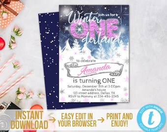 Winter Onederland Invitation Girl Pink Onederland Birthday Invitation Printable Winter 1st Birthday Party Invite Instant Download Templett