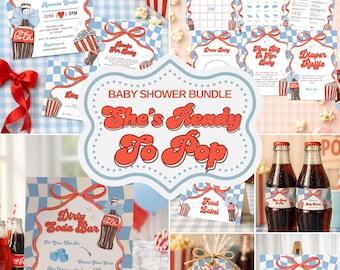 She’s Ready to Pop Baby Shower Bundle, Editable Blue & Red Retro Soda Theme, Dirty Soda Games and Signs Templates, Soda Pop Baby Mega Bundle