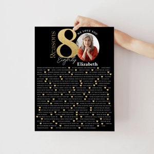 May include: A black and gold printable poster with a photo of a woman. The poster lists 80 reasons to love someone, with the title "We Love You Elizabeth".