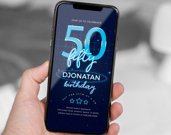 Blue Neon 50th Birthday Electronic Invitation Paperless Neon Glow Digital Evite Fiftieth Men Anniversary Message Text Invitation Download