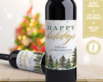 Happy Holidays Wine Label Instant Download Personalized Christmas Wine Bottle Label Template Rustic Wine Label Gift Merry Christmas Favor