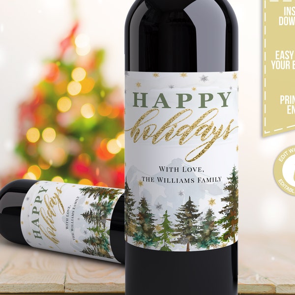 Happy Holidays Wine Label Instant Download Personalized Christmas Wine Bottle Label Template Rustic Wine Label Gift Merry Christmas Favor