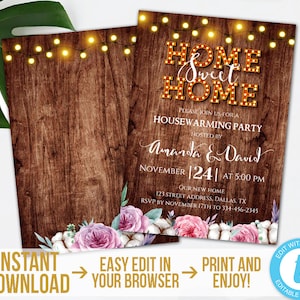 Rustic Housewarming Invitation Editable Home Sweet Home Invitation Wood and Lights Housewarming Party New Home Invite Instant Download