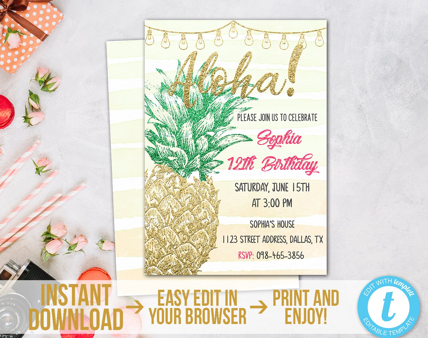 Pineapple Invitation Aloha Birthday Invitation Template Etsy