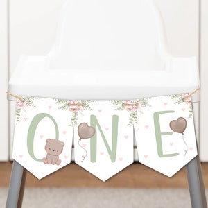 Ours en peluche anniversaire chaise haute bannière premier bébé fête d&#39;anniversaire chaise haute bannière modifiable Bearly Style bébé 1er anniversaire suspendu signe un