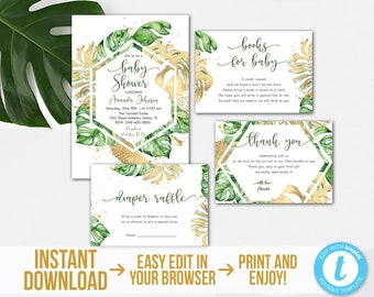 Tropical Baby Shower Invitation Set Gold Tropical Baby Shower Invite Kit Tropical Baby Shower Party Printable Baby Shower Bundle Download