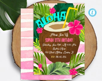 Tropical Coconut Invitation Instant Download Aloha Birthday Invitation Template Hawaiian Invitation Luau Invitation Tropical Party Invite