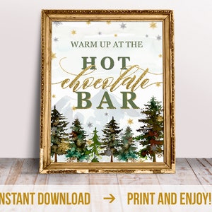 Hot Chocolate Bar Sign Instant Download Rustic Hot Cacao Bar Sign Template Printable Winter Onederland Decor Gold Mountains Bar Sign image 1