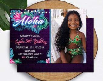 Invitation tropicale au néon avec photo Modèle d’invitation Luau Invitation d’anniversaire Aloha Télécharger Invitation hawaïenne Invitation à une fête tropicale