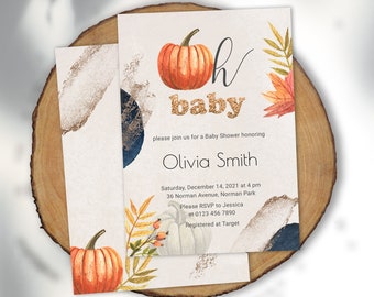 Fall Boy Girl Baby Shower Invitation Template Gold Autumn Oh Baby Shower Invitation Editable Little Pumpkin Baby Shower Invitation YFAL01