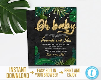 Tropical Baby Shower Invitation Template Gold Tropical Oh Baby Invite Instant Download Hawaiian Baby Shower Party Palm Leaves BGT