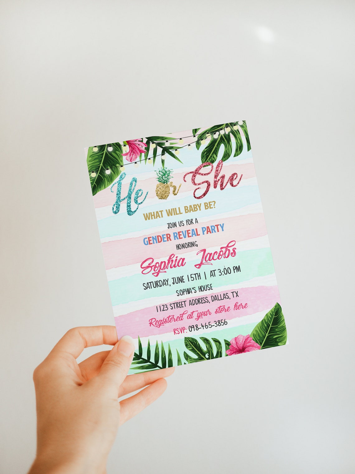 Tropical Gender Reveal Invitation Template Hawaiian He or She Etsy