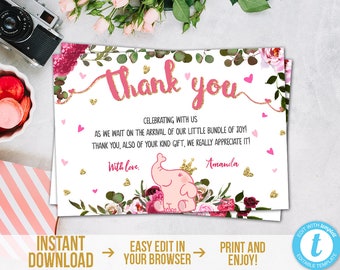 Elephant Thank You Card Floral Elephant Baby Shower Thank You Card Girl Editable Pink Elephant Thank You Card Thanks Card Instant Download