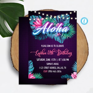 Neon Tropical Invitation Template Aloha Birthday Invitation Download Hawaiian Invitation Printable Tropical Party Invite Luau Invite NTT image 1