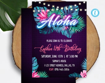 Neon Tropical Invitation Template Aloha Birthday Invitation Download Hawaiian Invitation Printable Tropical Party Invite Luau Invite NTT