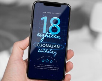 May include: A blue and white digital birthday invitation on a smartphone screen. The invitation reads "Join us to celebrate 18 eighteen DJONATAN birthday" with a date and time of "Sat Feb 24th at 6 pm". The invitation also includes a location and contact information.