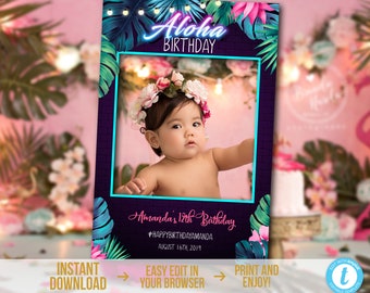 Neon Aloha Photo Booth Frame Printable Hawaiian Selfie Frame Tropical Birthday Photo Booth Editable Luau Photo Props Frame Download NTT