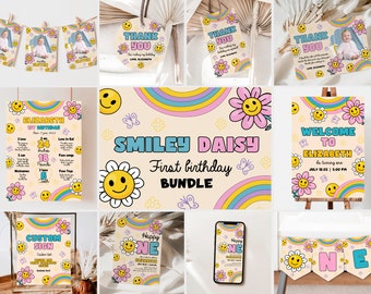 Happy Daisy First Birthday Bundle Happy Funny Emoji Party Invitation Set Printable Flowers Editable Invites Package Smile Bday Kit