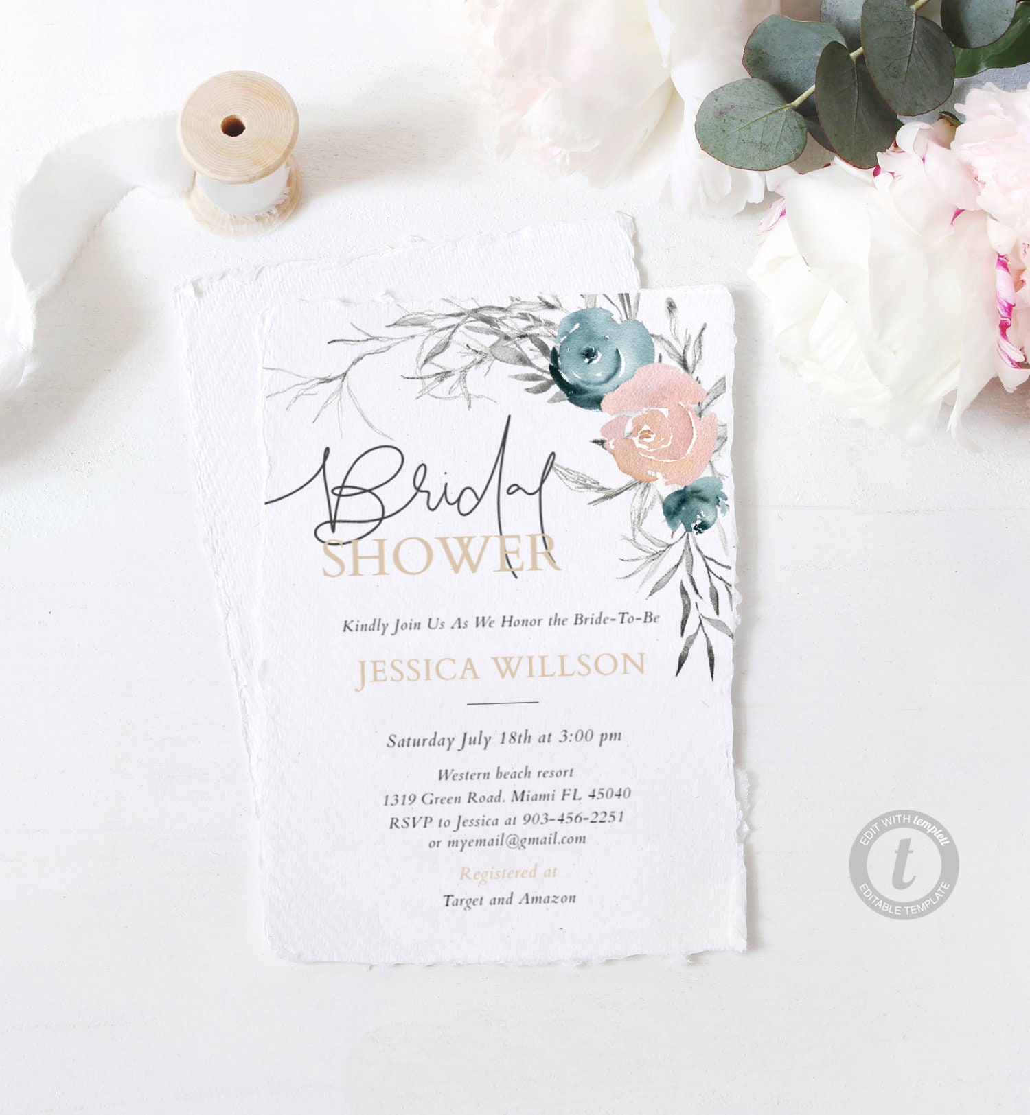 Bridal Shower Invitation Template Dusty Blue Bridal Shower - Etsy