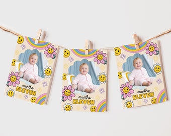 Happy Daisy Monthly Photo Banner Rainbow Happy Face First Birthday Monthly Photo Templates Groovy Birthday Banner Baby's 1st Year Photos