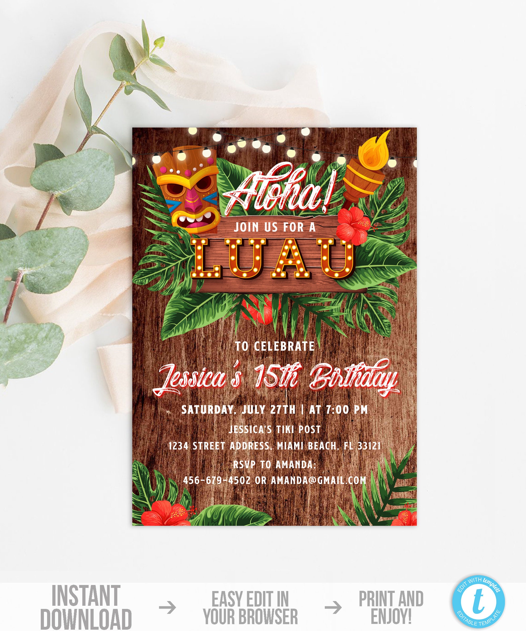 Luau Birthday Invitation Download Tiki Party Invitation Etsy