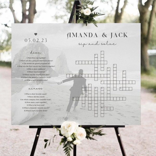 Wedding Crossword Puzzle Template with Photo Printable Bridal Shower Decor Party Activity Games Wedding Sign Game Giant Crossword Puzzle