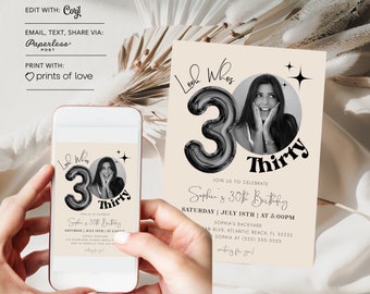 Beige 30th Birthday Invitation for Women Men Minimalist 30th Birthday Invite Thirty Birthday Party Digital Invite Black Ballon Editable