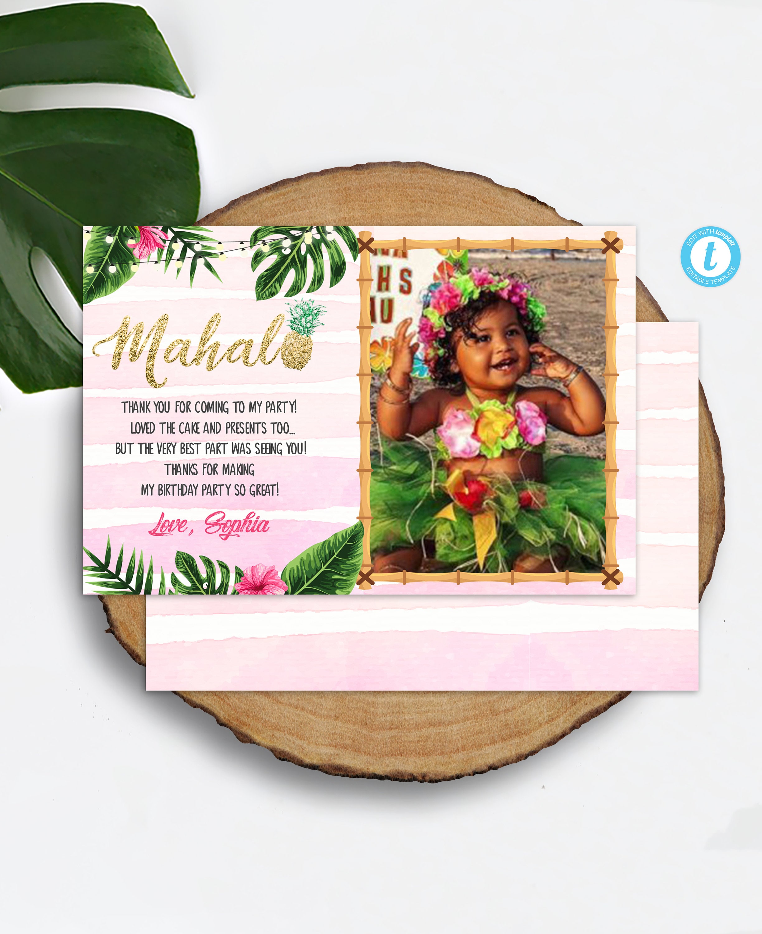 Tropical Thank You Card with Photo Mahalo Thank You Card Download Hawaiian Birthday Thank You Card Printable Luau Party Thank You TGAP