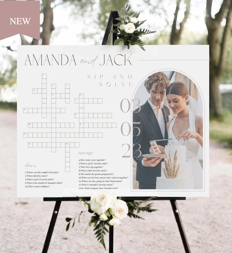 Wedding Crossword Puzzle with Photo Template Personalized Text Arch Photo Wedding Sign Crossword Game Download Bridal Sip & Solve Activities image 1