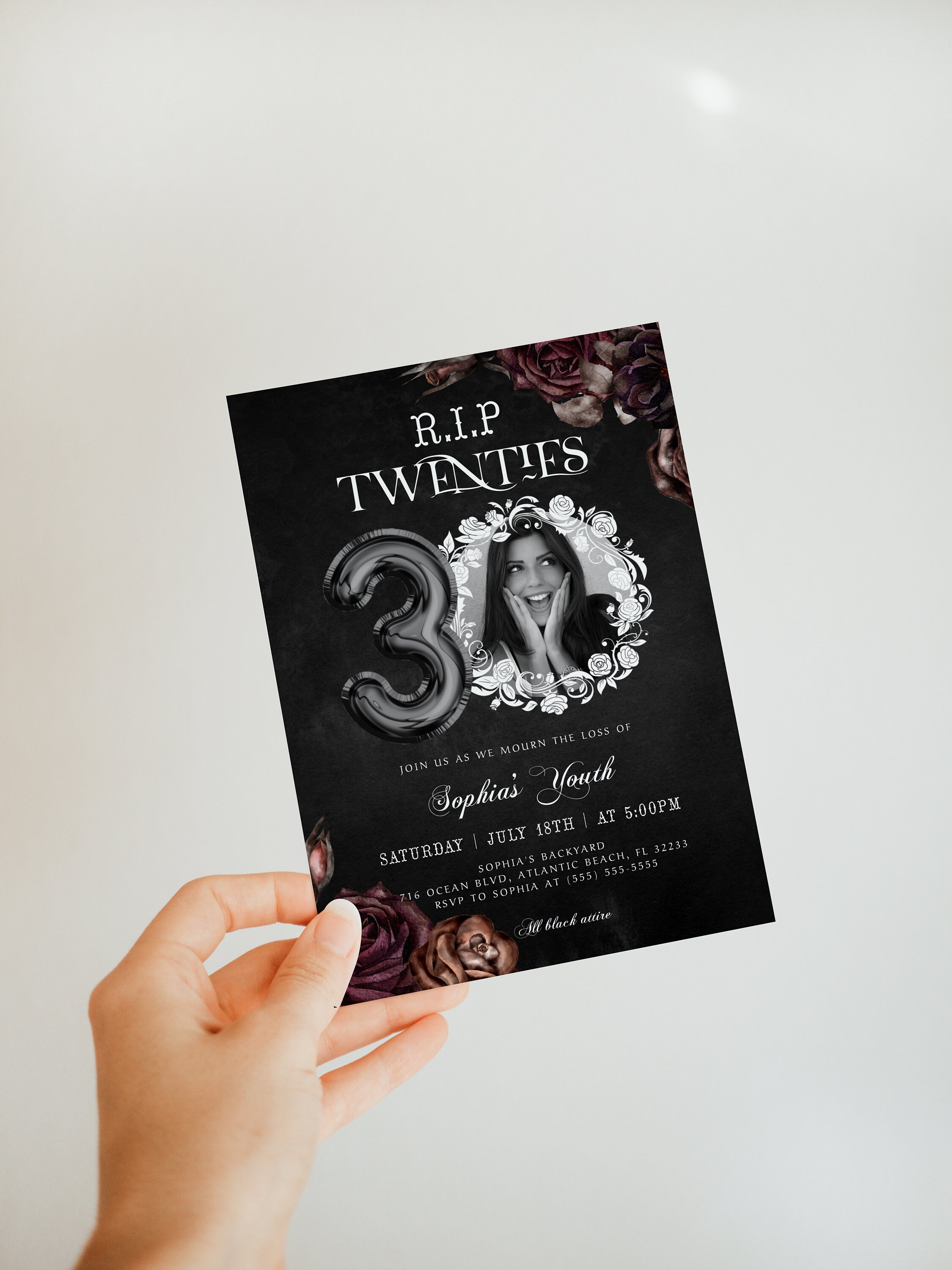 RIP Twenties 30th Birthday Photo Invitation, Floral Death to My Youth ...
