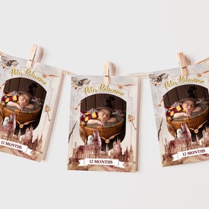 May include: Three Harry Potter themed baby milestone cards with a baby dressed as a wizard sleeping in a basket. Each card has a picture of Hogwarts castle and the text "Peter Robinson" and "12 Months".