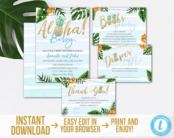 Tropical Baby Shower Invitation Kit Printable Aloha Boy Baby Shower Set Editable Hawaiian Baby Shower Invitation Bundle Download TGAB